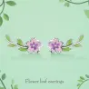 Purple-pink flower /green leaf - elegant earrings - 925 sterling silverEarrings