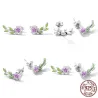 Purple-pink flower /green leaf - elegant earrings - 925 sterling silverEarrings