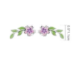 Purple-pink flower /green leaf - elegant earrings - 925 sterling silverEarrings