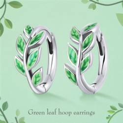 Hoop earrings with green leaves - 925 sterling silver