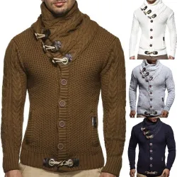 Warmer Strickpullover - Cardigan mit Rollkragen / Taschen / Knöpfen