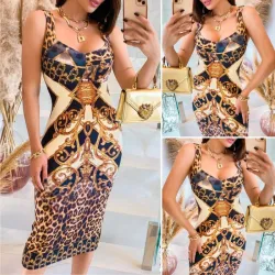 Sexy modisches Midikleid - ärmellos - gelber Leo-Print - schmal geschnitten