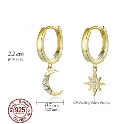Modische runde Goldohrringe - Mond / Stern - 925er Sterlingsilber