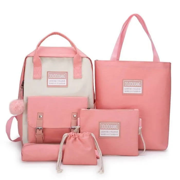 Trendiges Leinentaschen-Set - Rucksack - Umhängetasche - Handtasche - Federmäppchen - kleines Täschchen - 5-tlg