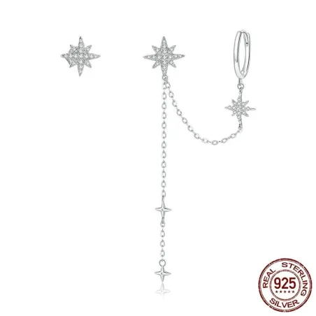 Elegante Ohrhänger mit Sternen - asymmetrisch - mit Kette / Kristallen - 925er Sterlingsilber