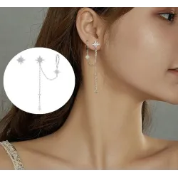 Elegante Ohrhänger mit Sternen - asymmetrisch - mit Kette / Kristallen - 925er Sterlingsilber