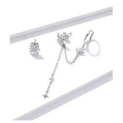 Elegante Ohrhänger mit Sternen - asymmetrisch - mit Kette / Kristallen - 925er Sterlingsilber