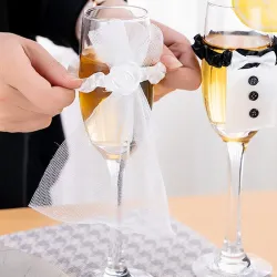 Wedding table decoration - wine glass cover - bride / groom costumeWedding