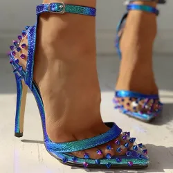 Sexy High Heel Pumps - transparent - mit Fesselriemchen / Nieten