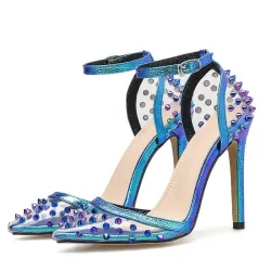 Sexy High Heel Pumps - transparent - mit Fesselriemchen / Nieten