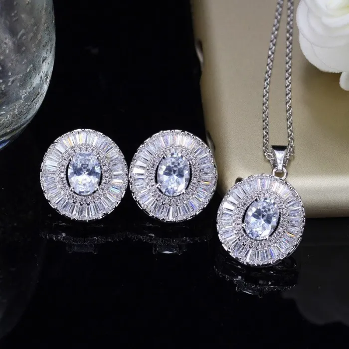 Fashionable jewellery set - earrings - necklace - with round cubic zirconiaJewellery Sets