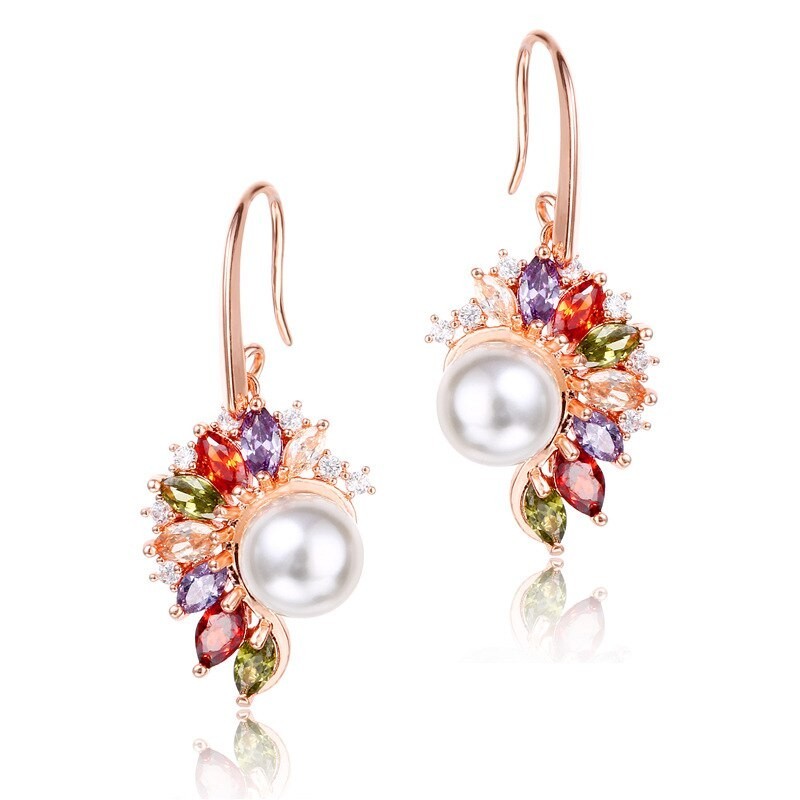 Elegant gold earrings - pearl - colorful cubic zirconiaEarrings
