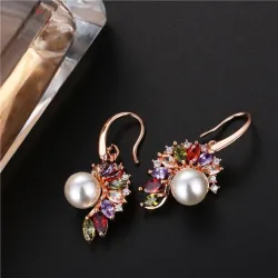 Elegante goldene Ohrringe - Perle - bunter Zirkonia