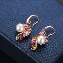 Elegante goldene Ohrringe - Perle - bunter Zirkonia