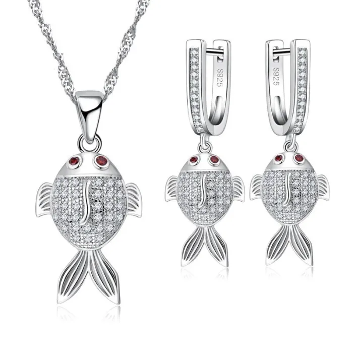 Stilvolles Schmuckset - Halskette - Ohrringe - Rotäugiger Fisch - 925er Sterlingsilber - Zirkonia