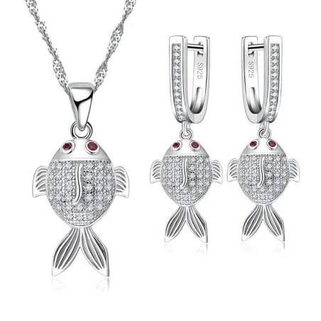 Stilvolles Schmuckset - Halskette - Ohrringe - Rotäugiger Fisch - 925er Sterlingsilber - Zirkonia