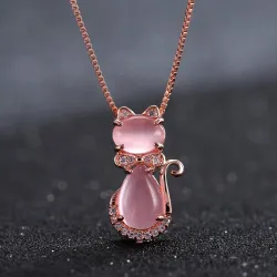 Stylish rose gold necklace - cat shaped pendant - crystals - pink opalNecklaces