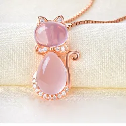 Stylish rose gold necklace - cat shaped pendant - crystals - pink opalNecklaces