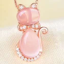 Stylish rose gold necklace - cat shaped pendant - crystals - pink opalNecklaces