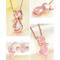 Stylish rose gold necklace - cat shaped pendant - crystals - pink opalNecklaces