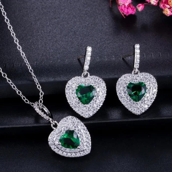 Luxuriöses Silberschmuckset – herzförmige Anhänger – Kristall – Zirkonia – Halskette – Ohrringe