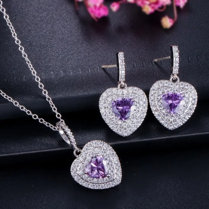 Luxuriöses Silberschmuckset – herzförmige Anhänger – Kristall – Zirkonia – Halskette – Ohrringe