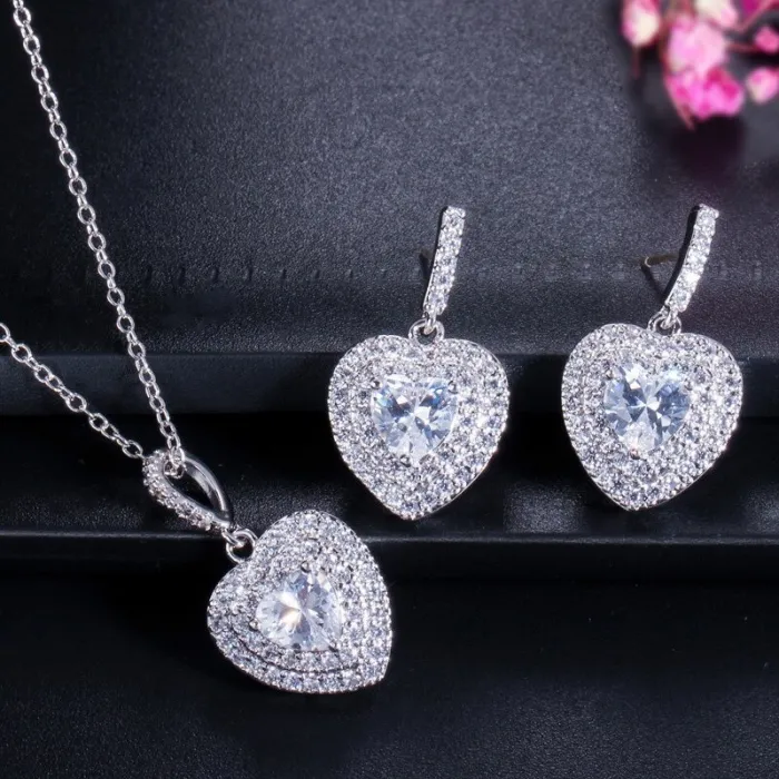 Luxuriöses Silberschmuckset – herzförmige Anhänger – Kristall – Zirkonia – Halskette – Ohrringe