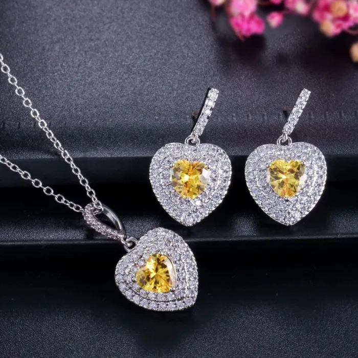 Luxuriöses Silberschmuckset – herzförmige Anhänger – Kristall – Zirkonia – Halskette – Ohrringe