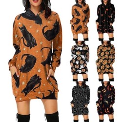 Mini hooded dress - loose pullover - with pockets - Halloween print - pumpkin - cats - spiderweb