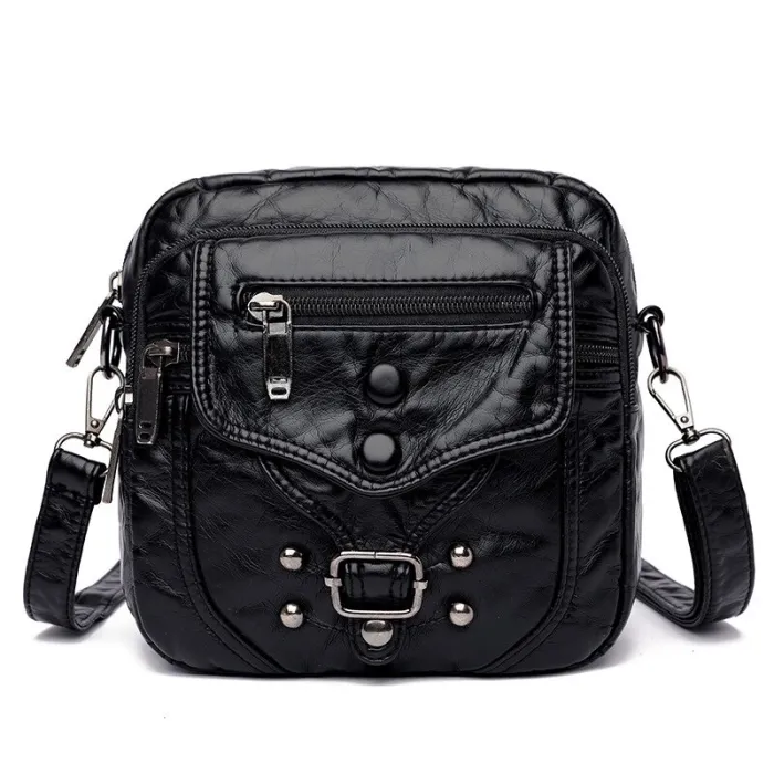 Kleine Schulter-/Gürteltasche - Leder - Nieten - Reißverschlüsse