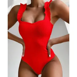 Sexy einteiliger gerippter Badeanzug - dekorative Rüschen - hochdrücken
