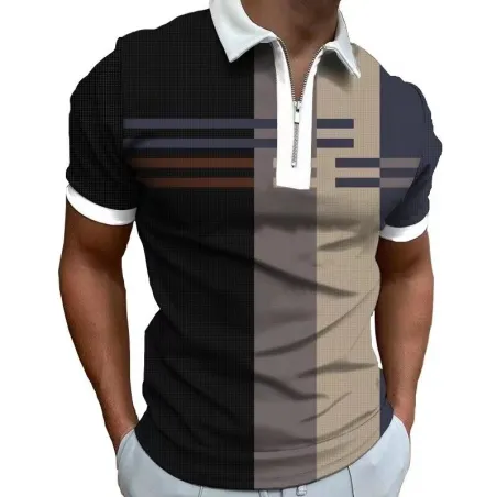 Elegantes Poloshirt - Kurzarm - Reißverschluss - Streifen - geometrischer Druck