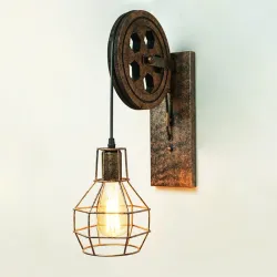 Retro Flaschenzug Wandleuchte - Holzlampe