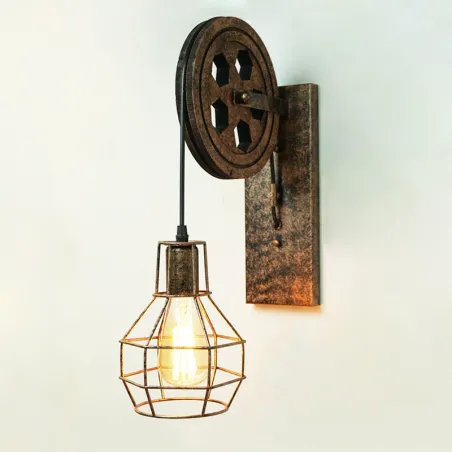 Retro Flaschenzug Wandleuchte - Holzlampe