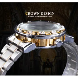 WINNER - luxuriöse Uhr - mechanisch - leuchtend - mit Diamanten - transparentes Skelettdesign - mit Schatulle