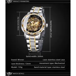WINNER - luxuriöse Uhr - mechanisch - leuchtend - mit Diamanten - transparentes Skelettdesign - mit Schatulle