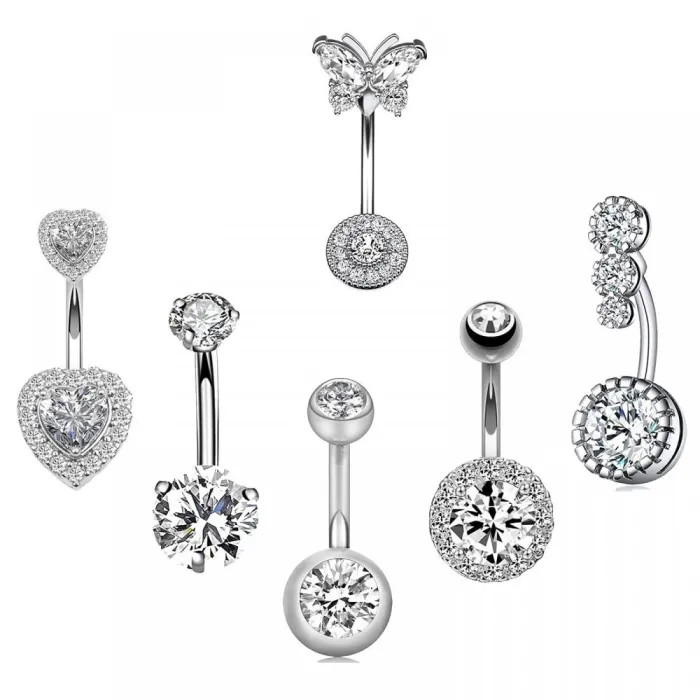 Bauchnabelring - Piercing - Kristall Schmetterling / Herz - Chirurgenstahl - 6 Stück