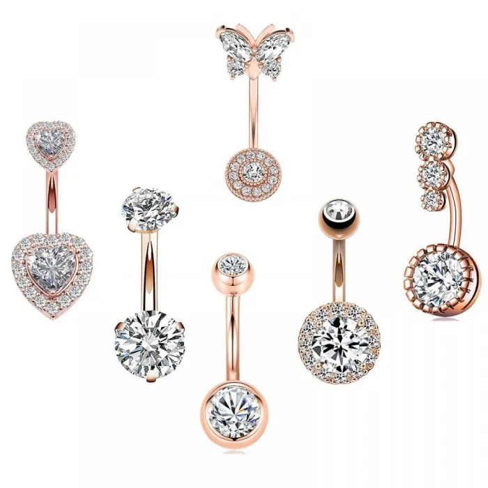 Belly button ring - piercing - crystal butterfly / heart - surgical steel - 6 piecesPiercings