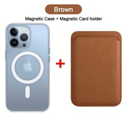Magsafe kabelloses Laden – transparente Magnethülle – magnetischer Kartenhalter aus Leder – für iPhone – braun