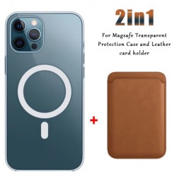 Magsafe kabelloses Laden – transparente Magnethülle – magnetischer Kartenhalter aus Leder – für iPhone – braun