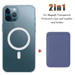 Magsafe kabelloses Laden – transparente Magnethülle – magnetischer Kartenhalter aus Leder – für iPhone – lila