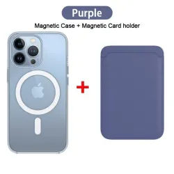 Magsafe wireless charging - transparent magnetic case - magnetic leather card holder - for iPhone - purpleProtection