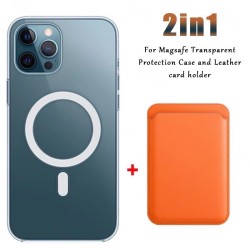 Magsafe kabelloses Laden – transparente Magnethülle – magnetischer Kartenhalter aus Leder – für iPhone – orange