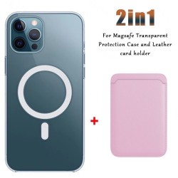 Magsafe kabelloses Laden – transparente Magnethülle – magnetischer Kartenhalter aus Leder – für iPhone – rosa