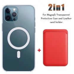 Magsafe kabelloses Laden – transparente Magnethülle – magnetischer Kartenhalter aus Leder – für iPhone – rot