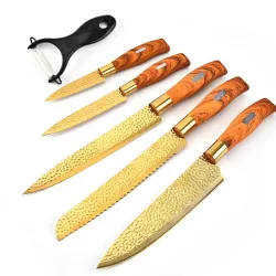 Professionelle vergoldete Küchenmesser - Sparschäler - Edelstahl - Holzgriff - 6-teiliges Set