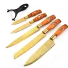 Professionelle vergoldete Küchenmesser - Sparschäler - Edelstahl - Holzgriff - 6-teiliges Set