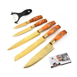 Professionelle vergoldete Küchenmesser - Sparschäler - Edelstahl - Holzgriff - 6-teiliges Set