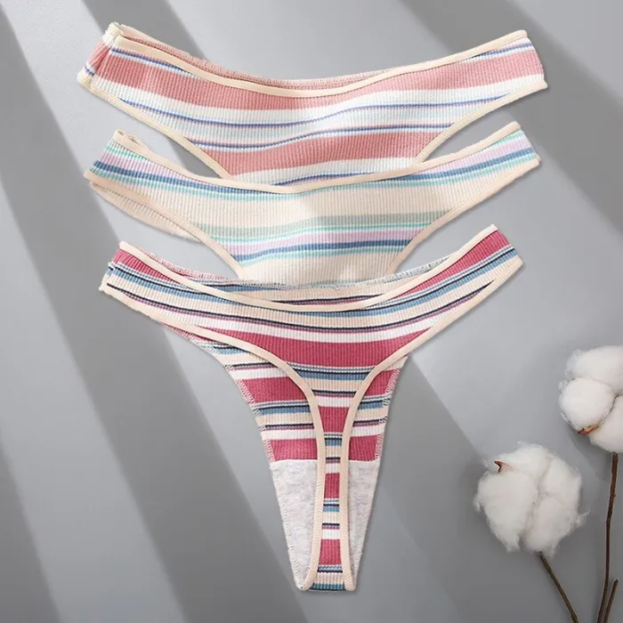 Bunt gestreifte Baumwoll-Strings - niedrige Taille - 3 Stück