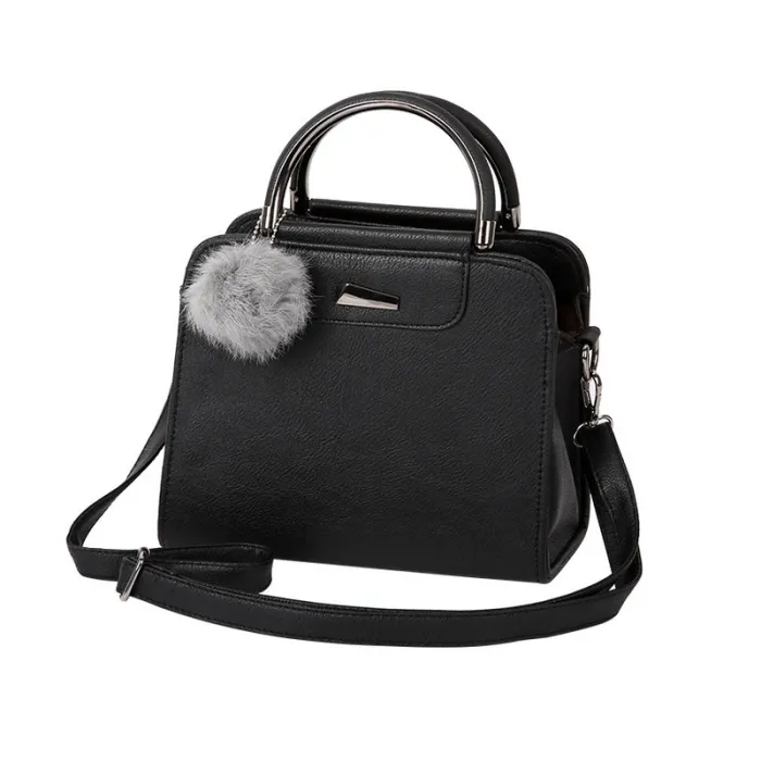 Vintage handbag - with shoulder strap - fur pom pom - leatherHandbags
